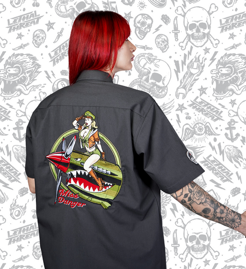 Miss Danger Flying Tiger Pin Up Girl Embroidered Work Shirt / Shop Shirt