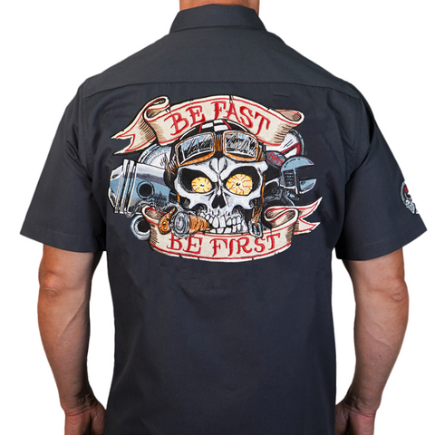 Be First Be Fast Skull Embroidered Work Shirt / Shop Shirt